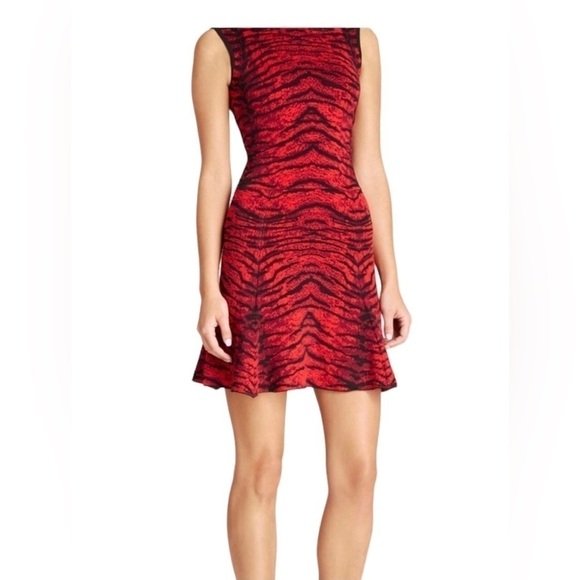 TORN BY RONNY KOBO RED JACQUARD DRESS, RED KNIT ANIMAL PRINT - Picture 1 of 5